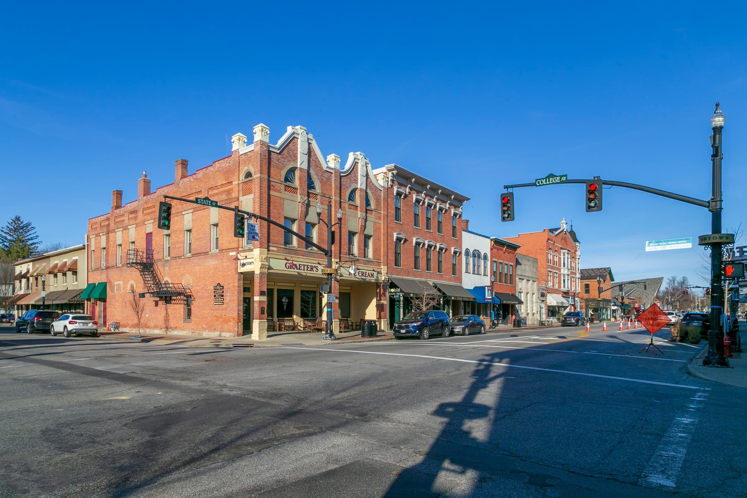 Historic brick storefronts at State and College in Uptown Westerville