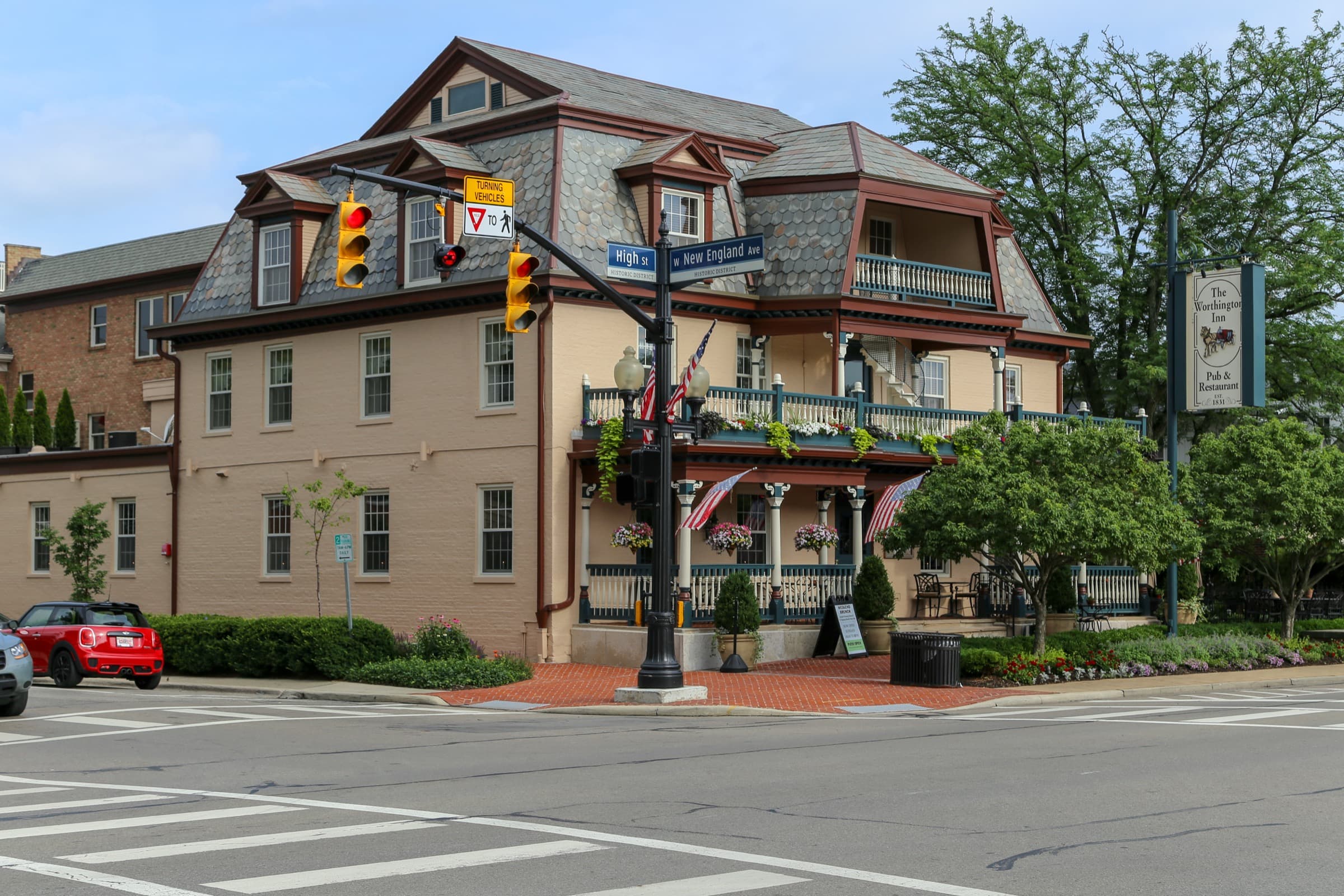 The historic Worthington Inn with flower-decked porches in Old Worthington