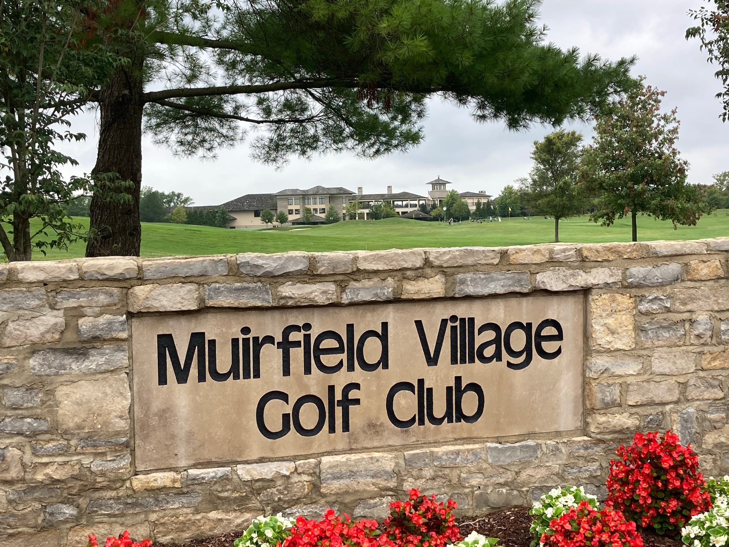 Stone entrance sign at Muirfield Village Golf Club in Dublin, Ohio